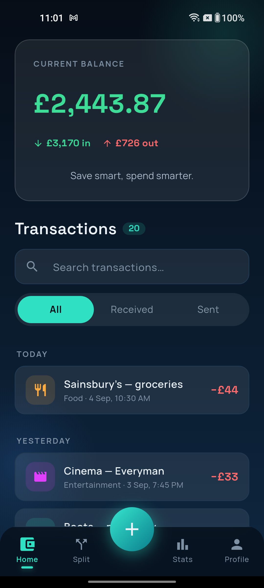 BillSync home screen showing current balance and recent transactions