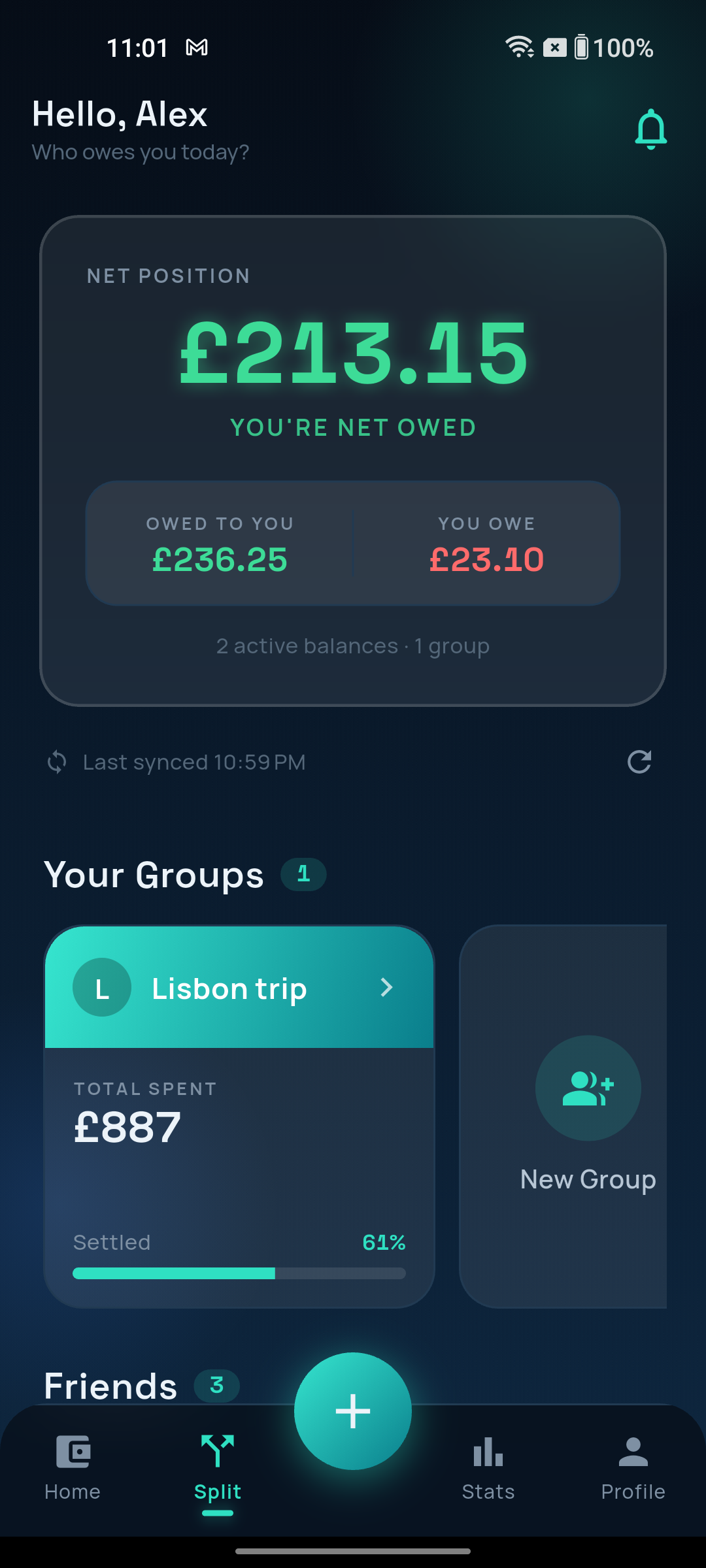 BillSync split screen showing net position and groups
